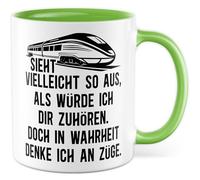 Züge Tasse avec inscription en allemand - Cadeau Peut sembler que je t'écoute. Mais en vérité je pense aux trains - Tasse à café 330 ml en céramique - Sarcasme Humour Chemin de fer Tasse à café