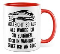 Züge Tasse avec inscription en allemand - Cadeau Peut sembler que je t'écoute. Mais en vérité je pense aux trains - Tasse à café 330 ml en céramique - Sarcasme Humour Chemin de fer Tasse à café