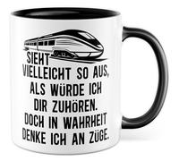 Züge Tasse avec inscription en allemand - Cadeau Peut sembler que je t'écoute. Mais en vérité je pense aux trains - Tasse à café 330 ml en céramique - Sarcasme Humour Chemin de fer Tasse à café