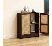 ZUGIATP Meuble De Rangement Multimédia AV Moderne en Bambou Meuble De Bureau Multifonctionnel pour Tourne-Disque avec Portes en Rotin Et Étagères Réglables(Walnut,70 * 25 * 70cm/27 * 9 * 27in)