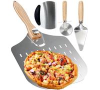 ZUGJOZD Lot de 4 pelles à pizza perforées aluminium, pelle à pizza de 30 cm Poignée pliable en bois, couteau à pizza, une spatule à pâte en acier inoxydable une mini pelle Pour la pâtisserie, le pain