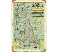 Zuhhgii Carte murale illustrée de la Grande-Bretagne de Shakespeare - Carte murale géographique nationale NG Maps vintage en métal - Plaque décorative amusante pour homme, grotte, ferme, bar, pub
