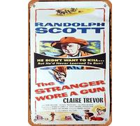 Zuhhgii Plaque rétro en étain The Stranger Wore a Gun US Insert Affiche de film Randolph Scott rétro de film classique ancien film en métal panneau TV bar Man Cave Décoration murale 20,3 x 30,5 cm