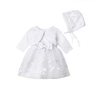 Zukmuk 3 Pcs Costume Baptême Bébé Fille Robe Brodée Blanche sans Manches + Boléro à Manches Longues + Bonnet Tenue Bébé Fille Fête Cérémonie Mariage, Blanc, 9-18 Mois, Taille Fabriquant 100
