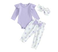 Zukmuk Bébé Filles Saint Valentin Robes Solide Couleur À Manches Longues Barboteuses Coeur Imprimer Pantalon Long Bandeau 3pcs Printemps Mignon Bébé Vêtements Ensemble, aubergine, 3-6 mois