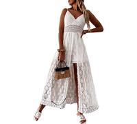 Zukmuk Combishort Robe de Plage en Dentelle Florale Femme Robe d'Éte Suspendue Col V Dos Nu sans Manche Sexy Chic Robe de Vacance Casual (Beige, XL)