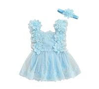 Zukmuk Filles 2pcs Robe de cérémonie Robe Romper Bébé avec Dentelle en Coton Barboteuse Élégante Tunie, bleu, 9-12 mois