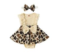Zukmuk Filles 2pcs Robe de Cérémonie Robe Romper Bébé Sans Manches en Coton Barboteuse avec Dentelle Élégante Tunie de Baptême d'Été, Léopard, 6- 12 Mois