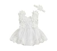 Zukmuk Filles 2pcs Robe de Cérémonie Robe Romper Bébé Sans Manches en Coton Barboteuse Élégante Tunie de Baptême d'Été, Blanc, 0-3 mois