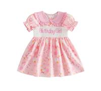 Zukmuk Robe d'anniversaire pour bébé fille, manches courtes, col de poupée, lettres brodées, robe en maille, rose, 4-5 ans