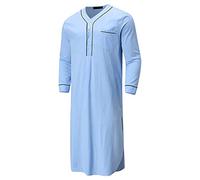 Zukmuk Robe de Nuit Manche Longue Homme Robe de Chambre Mi-Longue Peignoir Couleur Unie Night Gown Kaftan Lingerie de Nuit Pyjama (Bleu, XXXL)