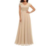 Zukmuk Robe Elégant Femme en Dentelle Robe Longue en Tull à Col en V Taille Haute pour Soirée Cocktail (Champagne, S)