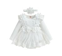 Zukmuk Robe pour filles, robe de cérémonie, romper pour bébé, en mélange de coton, barboteuse à manches longues et bandeau bowknot élégante Tunie de baptême, Blanc, 12 mois