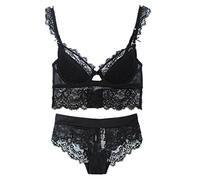 ZUKULIFE Nature Ensemble Soutien-Gorge en Satin et Dentelle Mince Push-up Rembourré - (Noir 32A)
