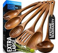 Zulay Kitchen Lot de 6 ustensiles de cuisine en bois extra-larges - Ustensiles de cuisson en teck lisse - Manche antidérapant non collant, spatule, écumoire, fourchette, cuillère de service
