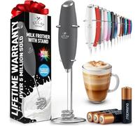 Zulay Kitchen Tornado Whisk Mousseur à lait avec 4 piles AA Duracell - Triple fouet pour plus de puissance - Mousseur à café portatif avec support - Mélangeur de boissons pour lattés, matcha et