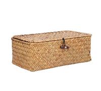 Zunate Panier de Rangement en Jonc de Mer Naturel avec Couvercle |Poubelle Rectangulaire Tissée pour Organisateur de Bureau, Petits Articles Antipoussière (S)