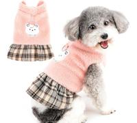 Zunea Robe d'hiver pour Petite Chien Pull-Overs Robe de Princesse en Polaire Douce Chaude Manteau Vêtements avec Anneau en D pour Temps Froid Jupe à Carreaux Motif Ours Mignon Robe Pull Rose XL