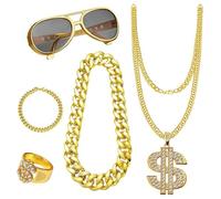 Zunishaone Costumes pour homme des années 80, kit de costume hip hop de 5 pièces - fausse chaîne en or, bracelet, collier avec signe de dollar faux, anneau hip hop, lunettes de fête en discothèque