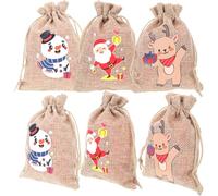 ZUNOXAZ Lot de 6 Petits Paquet Présents de Noël en Lin Naturel Paquet à Cordon pour Bonbons et Friandises Assortiment 3 Motifs Festifs pour Emballage et Rangement de Présents de Fête