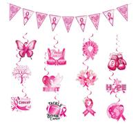 ZUOCFR Kit Décoration Octobre Rose - Banderole Triangle 5m et 12 Suspensions Spirales avec Cartes Double Face - Accessoires Sensibilisation Cancer du Sein pour Événements et Collecte de Fonds