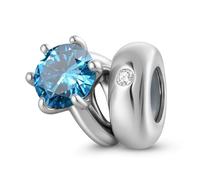 ZUOHUI Bague solitaire ronde en argent sterling S925 for femme, avec pierre de naissance, breloques for bracelets et colliers Pandora, Biagi ou Chamilia(March: sea blue)