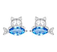 ZUOHUI Boucles d'oreilles en argent sterling S925 « Chat mangeant un poisson » pour femmes, hypoallergéniques ; jolies boucles d'oreilles à clous « chat et poisson » pour les oreilles sensibles