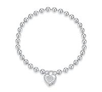 ZUOHUI Bracelet de Perles en Forme de Cœur en Argent Sterling S925 for Femmes, Bijoux de Style Punk avec Serrure d'amour Plaquée Platine, Cadeau de Saint Valentin(19cm)