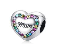 ZUOHUI Pendentif en forme de cœur en cuivre plaqué platine pour la fête des mères, à créer soi-même ; perle « Love Mom » compatible avec les bracelets Pandora(YIC160)