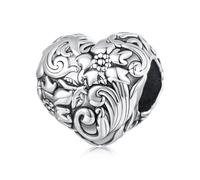 ZUOHUI S925 Charme de perle de coeur floral vintage - Perle de bijoux de bricolage en argent sterling, cadeau for elle, femme, mère | Compatible avec les bracelets Pandora