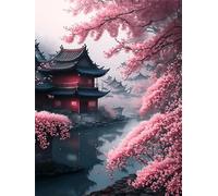 Zuooyi Paysage 5D Peinture Diamant Adulte, Fleurs Cerisier DIY Diamond Painting Enfant, Diamant Strass Point de Croix Cristal Painting pour Murale Décoration Square Drill,50x80cm