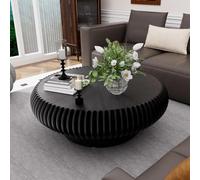 ZUOWENYG Table Basse Ronde Tambour en Bois Massif Naturel, Design Nervuré Moderne, Table de Salon Scandinave Contemporaine pour Intérieur Minimaliste(Noir,Ronde,80CM)