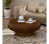 ZUOWENYG Table Basse Ronde Tambour en Bois Massif Naturel, Design Nervuré Moderne, Table de Salon Scandinave Contemporaine pour Intérieur Minimaliste(Couleur Noyer,Ronde,80CM)