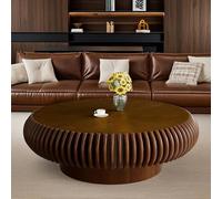 ZUOWENYG Table Basse Ronde Tambour en Bois Massif Naturel, Design Nervuré Moderne, Table de Salon Scandinave Contemporaine pour Intérieur Minimaliste(Couleur Noyer,Ronde,100CM)