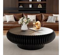 ZUOWENYG Table Basse Ronde Tambour en Bois Massif Naturel, Design Nervuré Moderne, Table de Salon Scandinave Contemporaine pour Intérieur Minimaliste(Noir,Ronde,100CM)