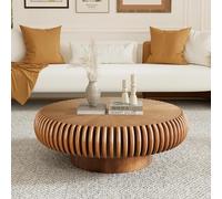 ZUOWENYG Table Basse Ronde Tambour en Bois Massif Naturel, Design Nervuré Moderne, Table de Salon Scandinave Contemporaine pour Intérieur Minimaliste(Marron,Ronde,80CM)