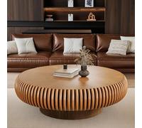 ZUOWENYG Table Basse Ronde Tambour en Bois Massif Naturel, Design Nervuré Moderne, Table de Salon Scandinave Contemporaine pour Intérieur Minimaliste(Marron,Ronde,100CM)