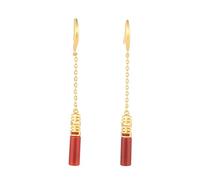 ZUOZUIYQ Boucles d'oreilles en Jade pour Femme, Agate Rouge du sud, Double Bonheur, plaqué Or, Fils d'oreille, Pompon, tempérament féminin, Argent Sterling S952, Style Chinois, Crochets