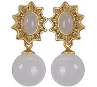 ZUOZUIYQ Boucles d'oreilles pour Femmes, Argent Sterling Hotan Blanc Jade Perles Rondes personnalité Fleur de Soleil Crochet d'oreille