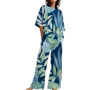ZUOZUIYQ Ensemble de Pyjama Doux Mignon pour Femmes, Tenues d'été pour Femmes, Ensemble 2 en Coton Lin, t-Shirts surdimensionnés, Pantalon Droit, Grande Taille, survêtement, Pyjama Drame pour