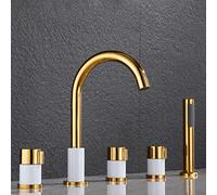 ZUOZUIYQ Mitigeur de Baignoire avec Douche Cascade Robinet de Baignoire Robinet de Baignoire Ensemble 5 Trous Robinet de Baignoire avec Douchette Extractible Robinet de Salle de Bain Or + Blanc