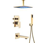 ZUOZUIYQ Système de Douche à LED avec Bec de Baignoire, système de Pomme de Douche carrée avec Ensemble de Douche à Main, Ensemble de Robinet de Douche pour Installation au Plafond, 12 Pouces