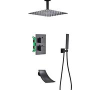 ZUOZUIYQ Thermostatic Shower System with Waterfall Tub Spout Black Shower Faucet Set Ceiling Mounted Square Rainfall Shower Head System with Handheld Shower Set Rain Mixer Shower Combo Set, Beauty