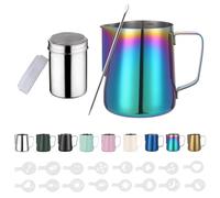Zuquik Barista Stainless Steel Milk Jug 600 ml with Measure Mark 12oz, Milk Frothing Pot with Cocoa Sprinkler, 16 Stencils and Pen for Cappuccino and Espresso, Coloré