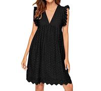 ZURBAA Robe Femme Ete Robe Short Intégré été Blanche Mi Longue Courte Combinaison Robe de Plage Casual Robe avec Poches (Noir, L)