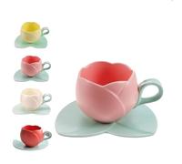 Zureto Tasse à café tulipe en céramique avec soucoupes, tasse à café créative en céramique avec soucoupe, lait de petit-déjeuner, ensemble de tasses à café tulipe (rose)