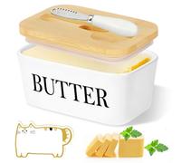 ZUSUZU Beurrier en Porcelaine,Boîte à Beurre avec Couvercle en Bambou,Couteau à Beurre,avec éponge de nettoyage,Scellée Beurrier Utilisé pour Placer du Beurre du Fromage Fruit Salade