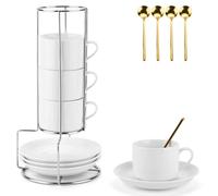 ZUSUZU Lot de 4 Tasse a Cafe, 4 x 5oz(160ml) Tasses Expresso Set avec Soucoupes et Support en Métal, Tasse à Café pour Espresso, Latte, Moka, Americano en Thé(avec 4 Cuillère à Café)