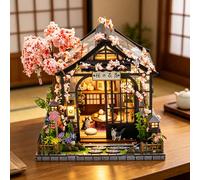 Zuuton Kit Maison de Poupées Miniature Japonaise Fleurs de Cerisier Lumineux LED Puzzle 3D Bois Cadeau Adulte Déco Maison TD35