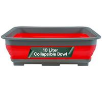 Zuvo Bassine Pliable 10L - Bassine de Vaisselle Pliable et Portable - Récipient Rectangulaire Gain de Place pour Cuisine, Camping, Caravaning & Extérieur - Rouge et Gris